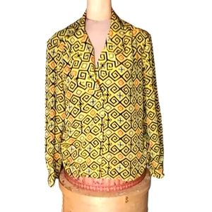 Ship 'N Shore Bright Yellow Black Blue Red - Orange Womens Retro ButtonUp Top